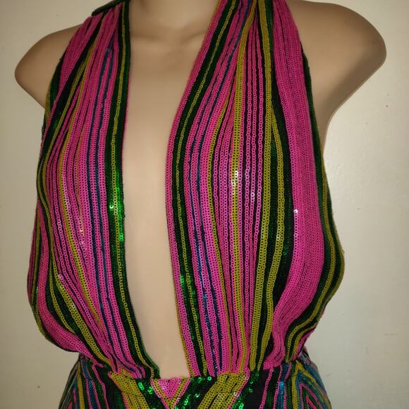 Sexy Multicolor Sequin Mini Dress Plunging Halter 1XL Open Back Retro Club Party - Picture 4 of 16